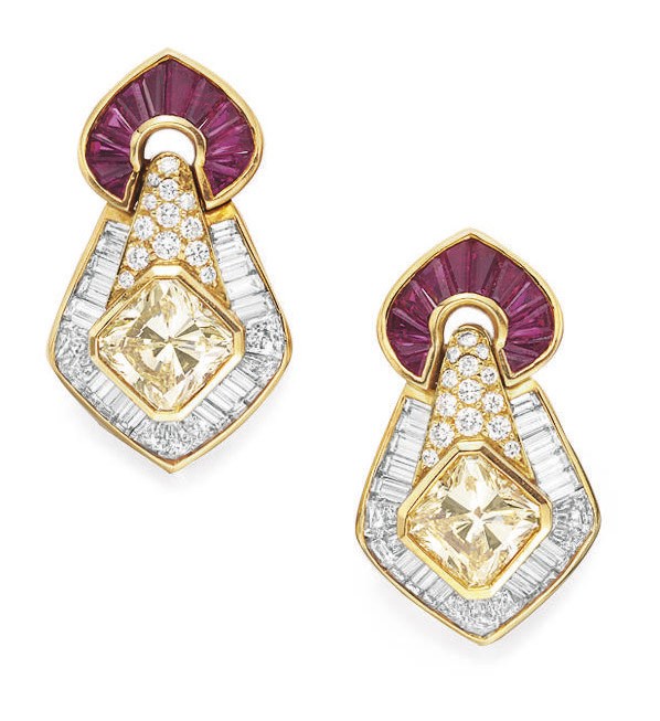 A PAIR OF COLORED DIAMOND AND RUBY EAR CLIPS, BY BULGARI