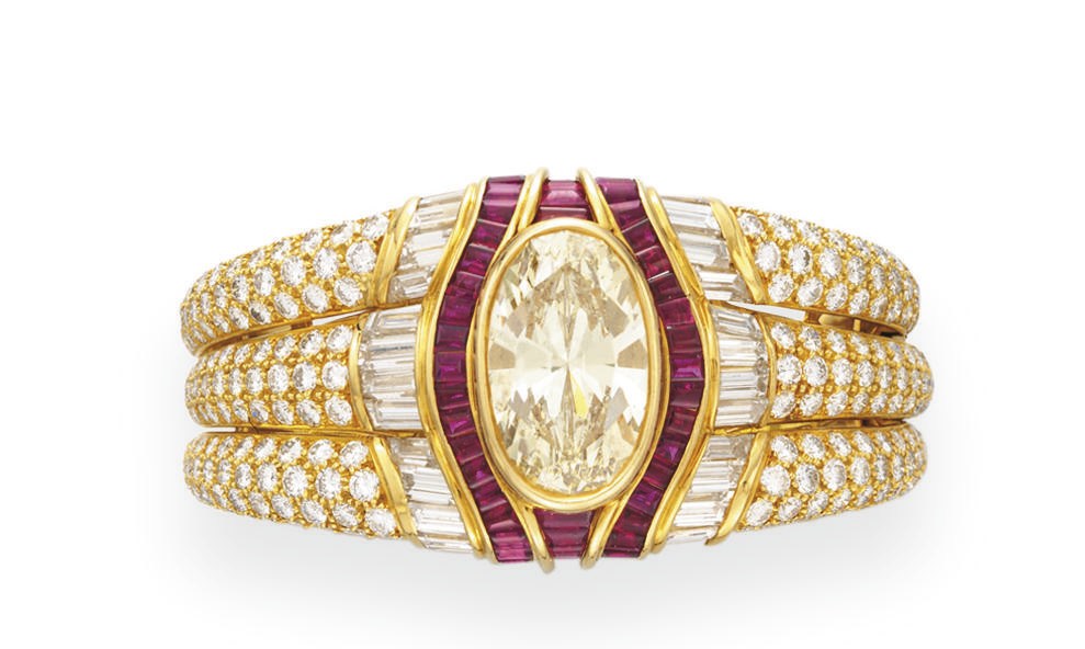 A COLORED DIAMOND AND RUBY BRACELET, BY BULGARI