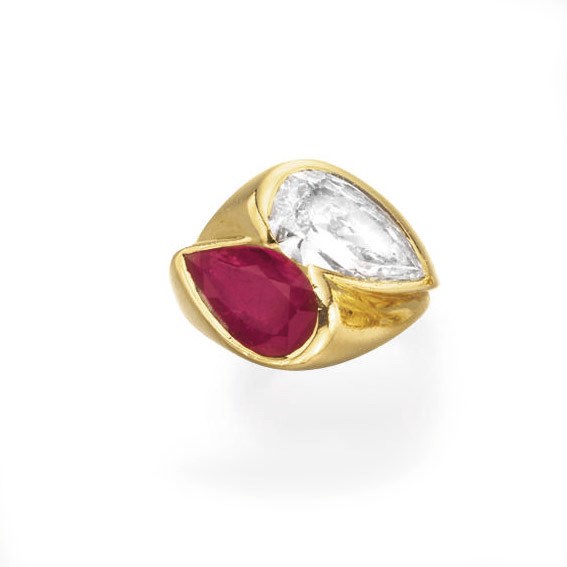 A RUBY AND DIAMOND TWO-STONE RING, BY BULGARI