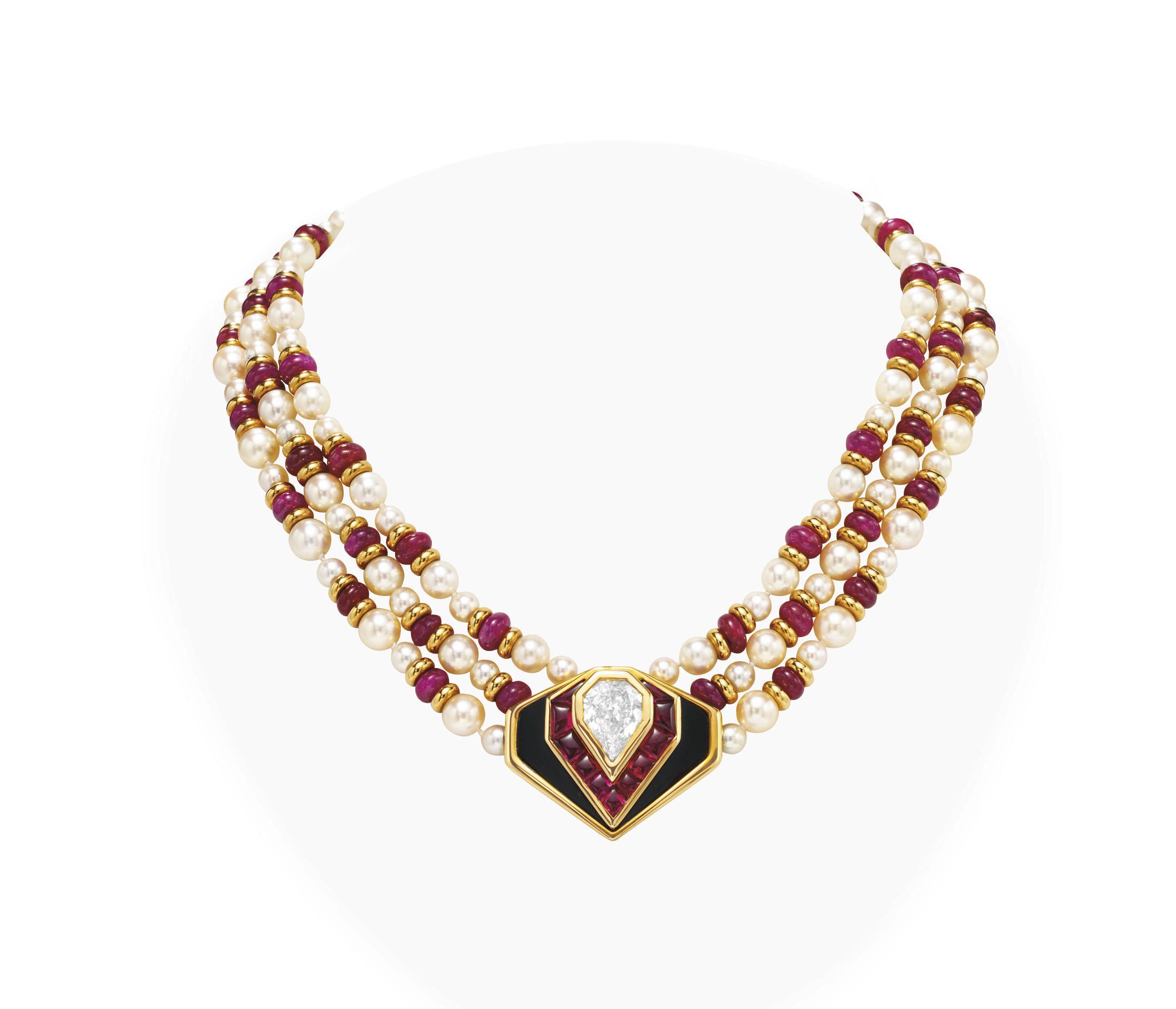 A DIAMOND, RUBY AND CULTURED PEARL NECKLACE, BY MARINA B.