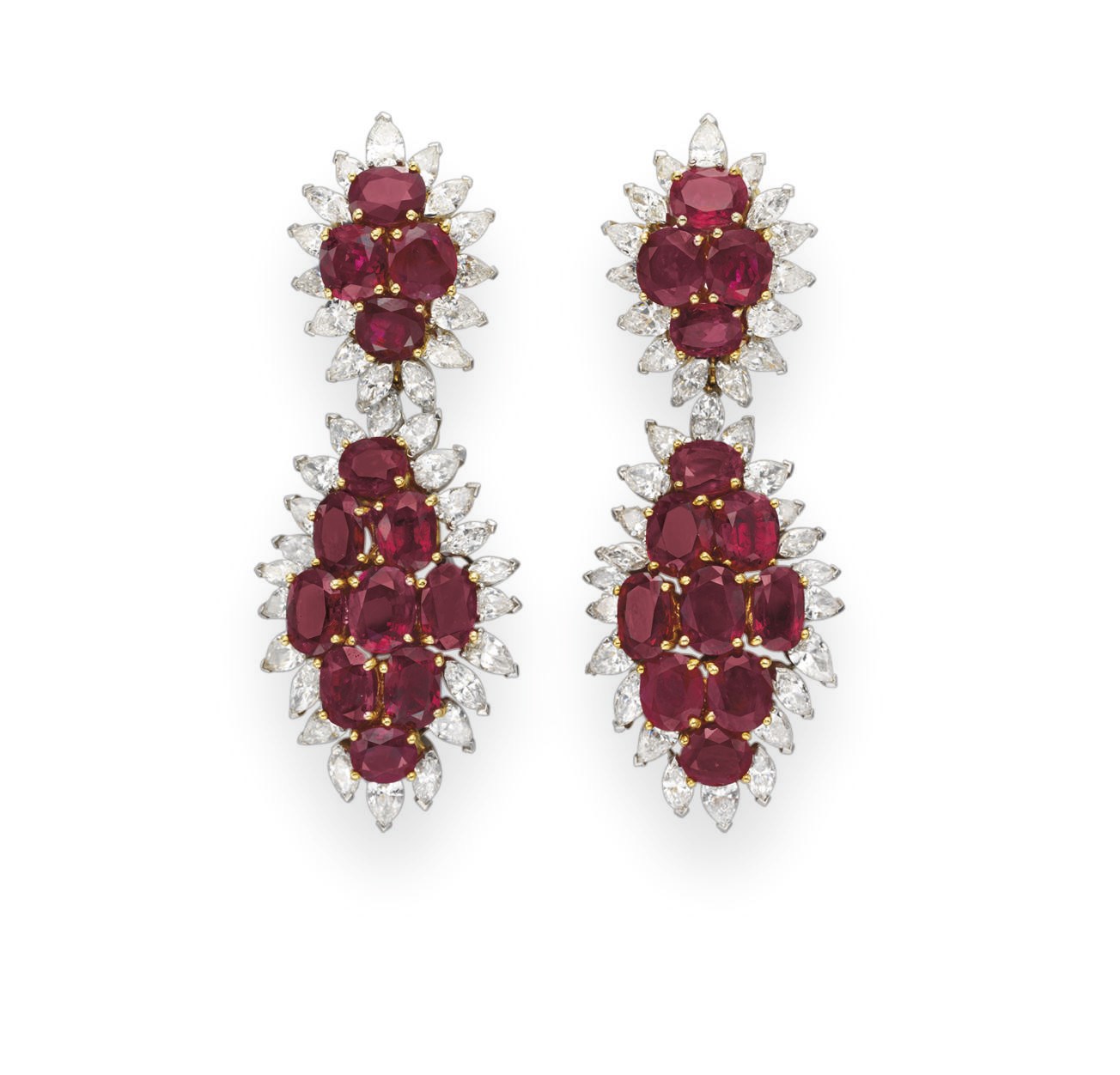 A PAIR OF RUBY AND DIAMOND EAR PENDANTS