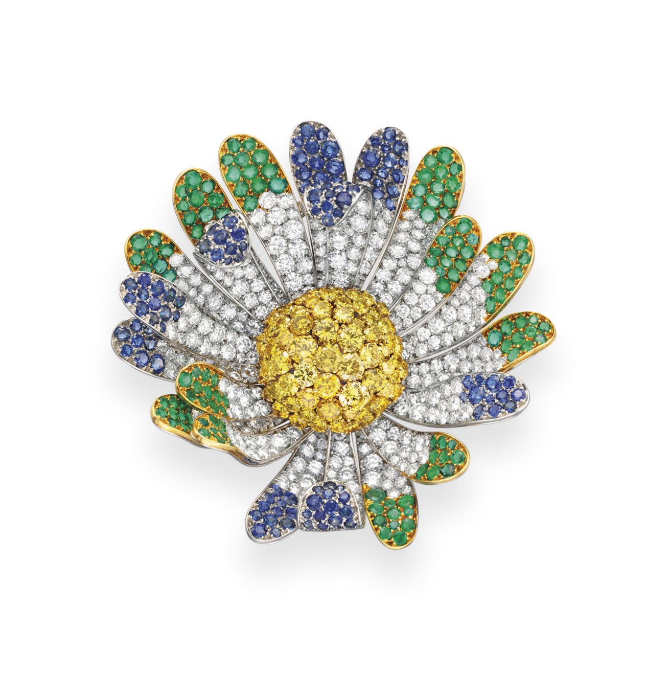 A SUPERB MULTI-GEM AND COLORED DIAMOND DAISY BROOCH, BY BULGARI