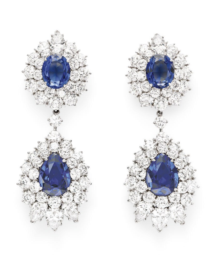 A PAIR OF SIMULATED SAPPHIRE AND SIMULATED DIAMOND EAR PENDANTS