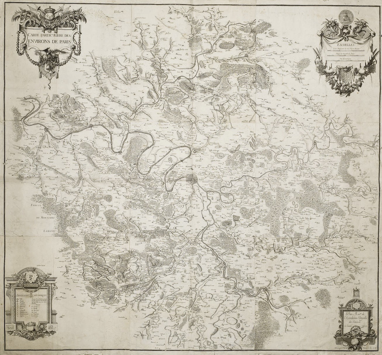 CASSINI, Jean-Dominique (1625-1712). Carte particulière des environs de Paris. Par Messr.s de l'Académie Royalle des Sciences en l'année 1674. Gravée par F. de la Pointe en 1678.