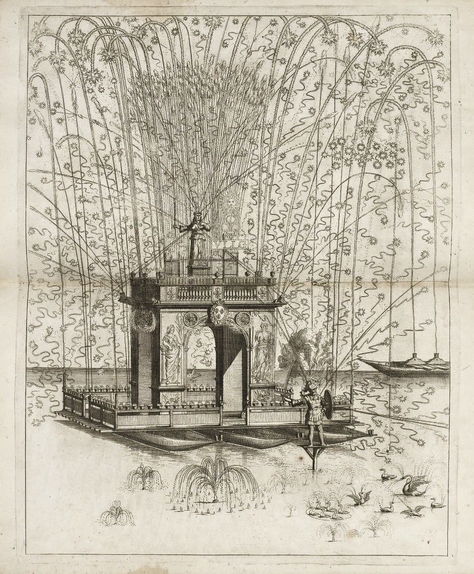 [FÊTE] --  Description de la decoration de La Fontaine de vin, donnée à son peuple par les Magistrats de Strasbourg, la nuict du sixiéme Fevrier, 1698. [Suivi de :] --Description des Feux d'artifice, que les Magistrats de la Ville de Strasbourg firent tirer le 6 Febvrier 1698, en rejouissance de la Paix. Strasbourg: Antoine Giessen, s.d. [1698].