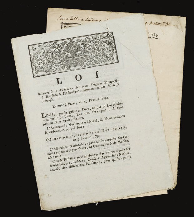 [LA PÉROUSE, Jean-François de Galaup, comte de (1741-1788?)] --ASSEMBLÉE NATIONALE. Loi relative à la découverte des deux Frégates Françoises la Boussole et l'Astrolabe, commandées par M. de la Pérouse. Évreux: Imprimerie du Département, 1791. 4 pages. --Loi relative à M. de la Peyrouse, & à l'impression des Cartes par lui envoyées. Paris: Imprimerie royale, 1791. 2 pages.