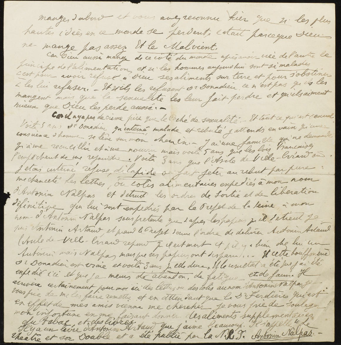 ARTAUD, Antonin (1896-1948). Deux lettres autographes signées "Antonin Nalpas" adressées au docteur Donnadieu, médecin-chef de l'hôpital psychiatrique de Chezal-Benoît.