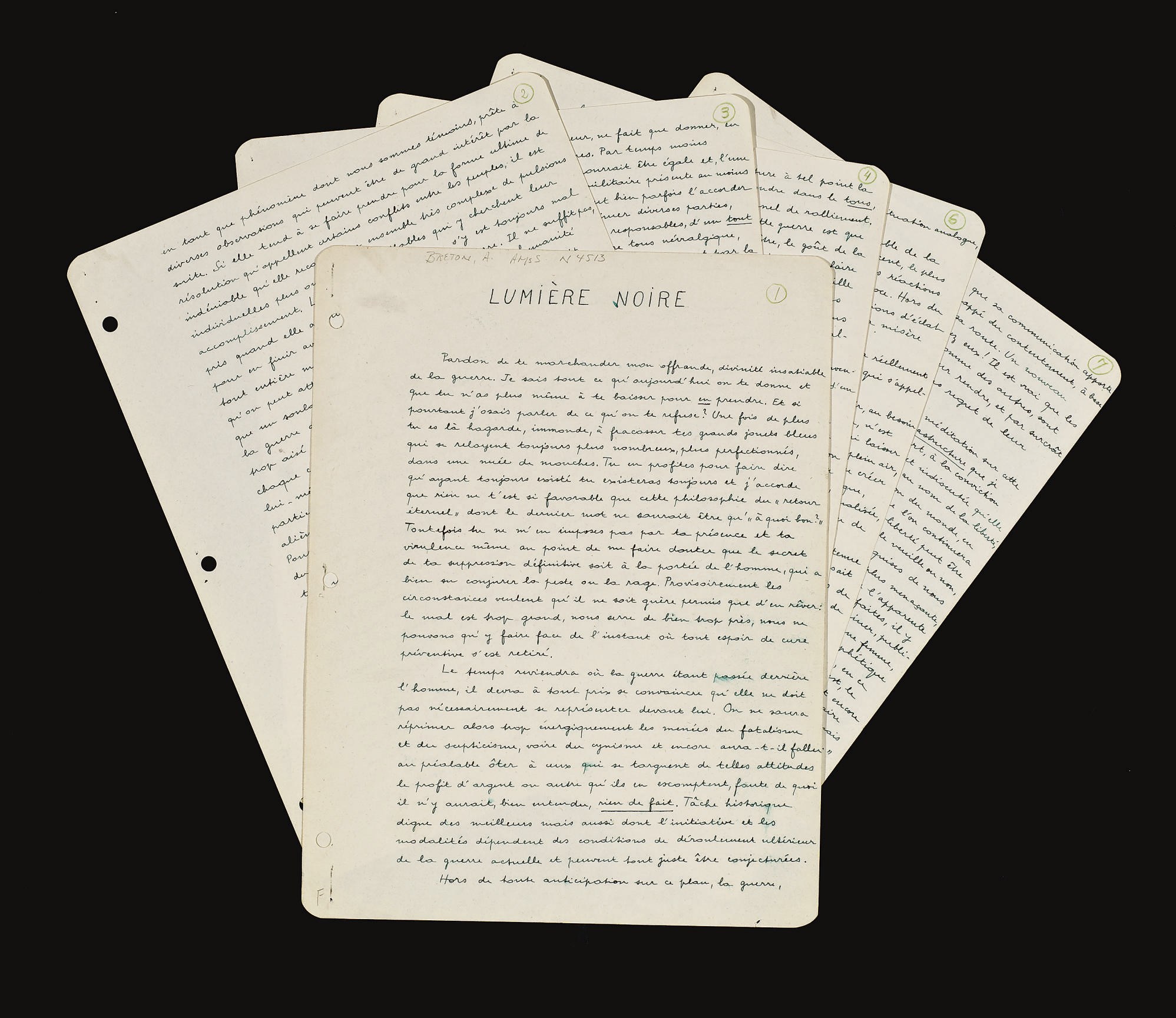 BRETON, André (1896-1896). Lumière noire. Manuscrit autographe signé. S. d. [vers 1943].