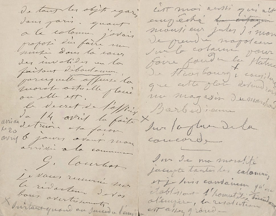 COURBET, Gustave (1819-1877). Lettre autographe signée, datée "Paris, le 21 mai 1871". 3 pages sur un feuillet in-8 (205 x 133 mm) à en-tête de la "Commune de Paris. Secrétariat". (Petite déchirure à la pliure sans manque.) 

Moins de deux mois après la chute de la colonne Vendôme, Courbet se défend d'en être le responsable. Il proteste de sa bonne foi: "je n'ai rien brisé, mais c'est moi qui ait tout conservé les objets d'arts [...]. J'ai fait des recherches dans toutes les maisons pour faire rentrer au Louvre les tableaux qui appartenaient à nos musées et qui avaient été dispersés par l'empire. Il ne manque absolument rien au Louvre au contraire il est augmenté, ainsi que le Luxembourg par mes soins de tous les objets égarés dans Paris. Quant à la colonne j'avais proposé d'en faire un musée dans la cour des Invalides en la faisant déboulonner parce qu'elle offense la morale actuelle placée où elle est".

[On joint:] --Un ensemble de documents relatifs à la Commune: --Deux lettres autographes signées d'Édouard Moreau, membre du comité central. L'une au lieutenant-colonel Montagu Hicks et l'autre aux membres de la Commission exécutive (datées du 9 avril 1871). La première est relative à l'exécution des généraux Lecomte et Thomas. 
--Huit laissez-passer au nom de Montagu Hicks.	 (11)