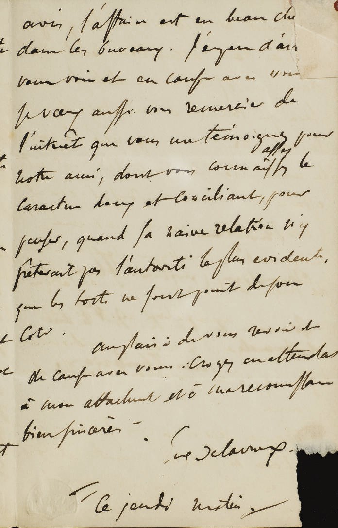 DELACROIX, Eugène (1798-1863). Lettre autographe signée adressée à "Monsieur Cuvillier Fleury gouverneur de S.A.R. Mr le duc d'Aumale. Aux Thuileries". Sans date [vers 1832 ?] "ce jeudi matin".