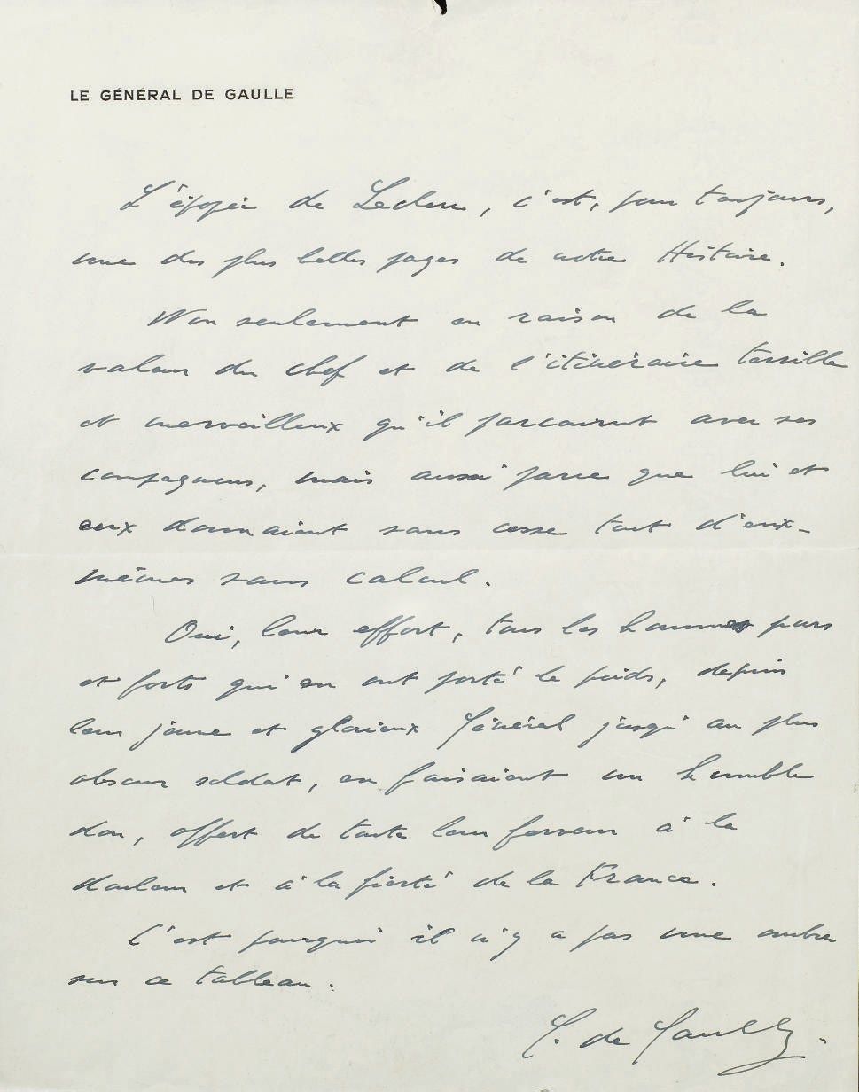 GAULLE, Charles de (1890-1970). "L'épopée de Leclerc..." Pièce autographe signée. S.d. Une page in-4, encre noire sur papier (petite déchirure en tête sans atteinte au texte).