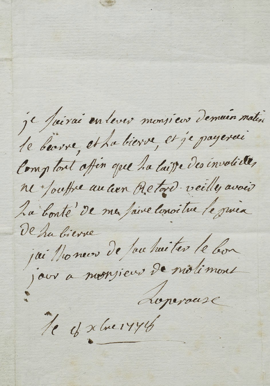 LA PÉROUSE, Jean-François de Galaup, comte de (1741-1788?). Lettre autographe signée à monsieur de Molimont. 8 octobre 1776.