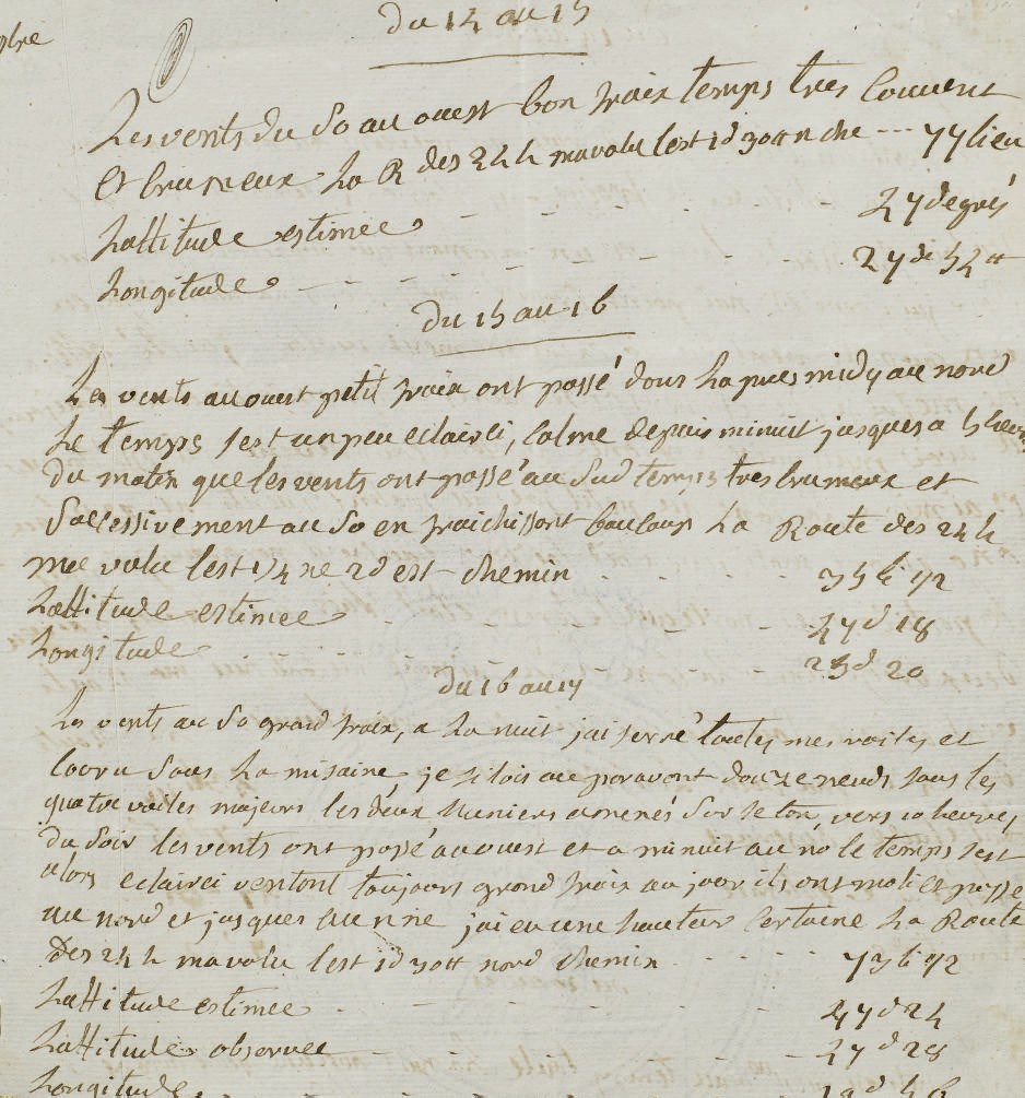 LA PÉROUSE, Jean-François de Galaup, comte de (1741-1788?). Fragment d'un journal de bord. 2 pages in-8 sur un feuillet (195 x 182 mm). (Feuillet coupé en pied avec manque de texte). S.d.