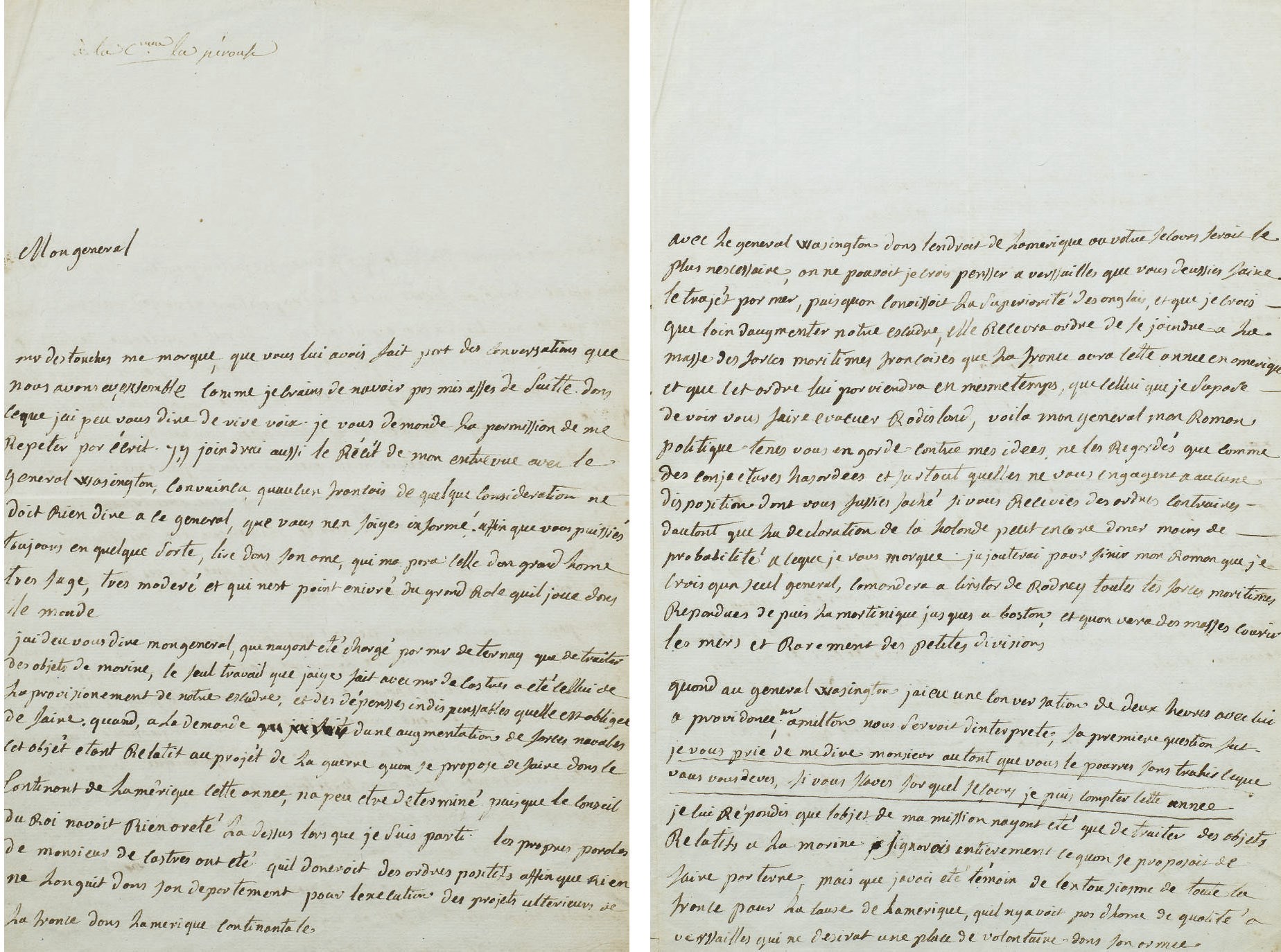 LA PÉROUSE, Jean-François de Galaup, comte de (1741-1788?). Lettre autographe (minute) adressée au général de Rochambeau. Avec la mention manuscrite "à la Conne la Pérouse" en haut à gauche. S.d. [mars 1781].