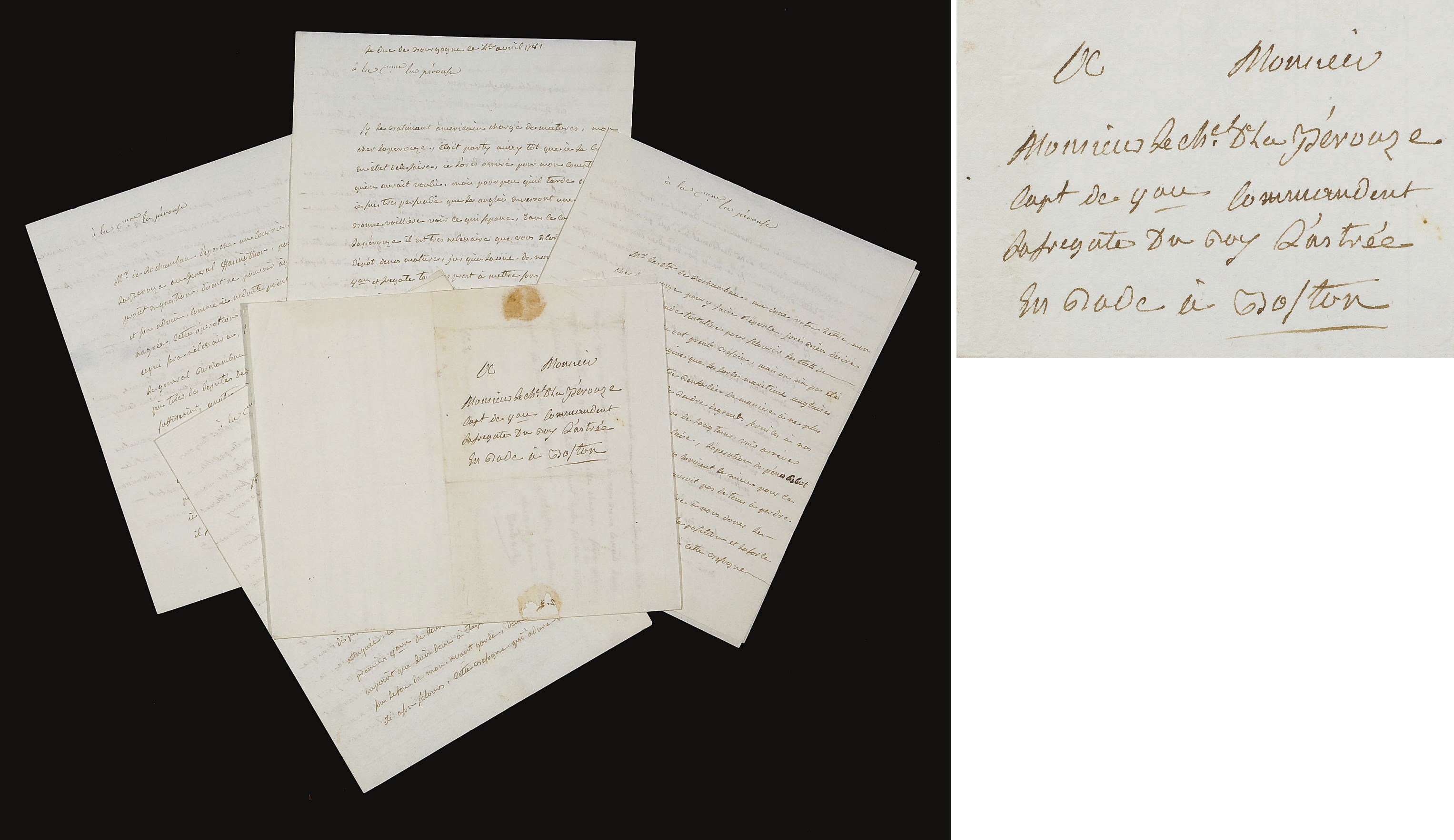 [LA PÉROUSE, Jean-François de Galaup, comte de (1741-1788?)] -- DESTOUCHES, Charles-René Dominique Sochet, chevalier (1727-1794). Réunion de 5 lettres autographes signées adressées  à La Pérouse. Entre le 8 mars et le 6 avril 1781.