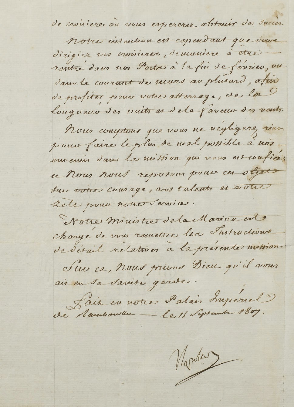 NAPOLÉON Ier (1769-1821). Ordre de mission adressé au capitaine Baudin, signé "Napoléon" et daté de "Rambouillet le 15 septembre 1807".