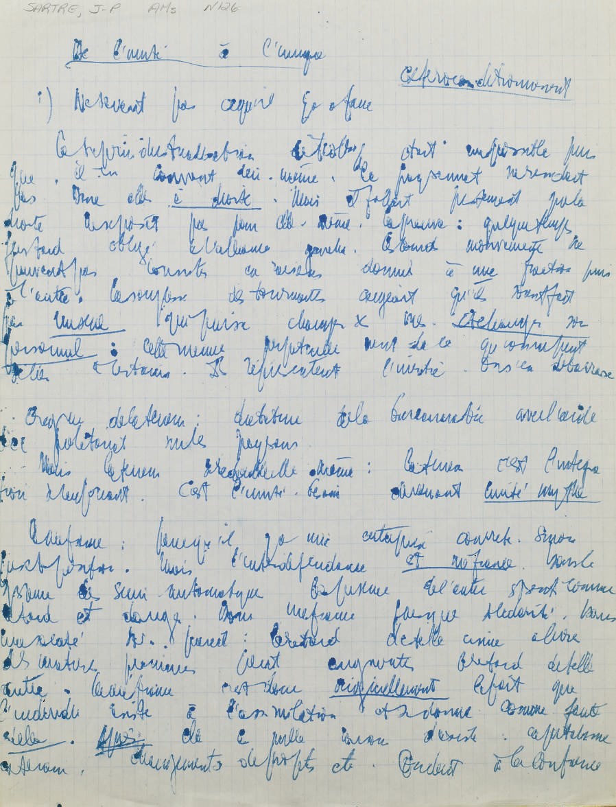 SARTRE, Jean-Paul (1905-1980). De l'unité à l'unique. Manuscrit autographe, non signé.