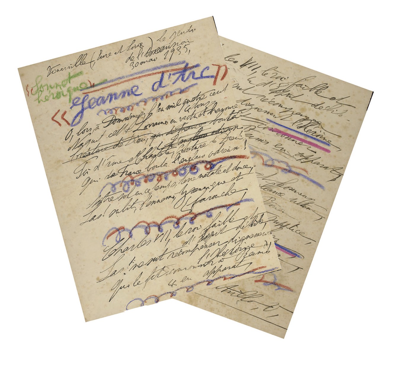 UTRILLO, Maurice (1883-1955). Jeanne d'Arc. Sonnet héroïque. Deux variantes du même poème autographe, chacune signée "Maurice Utrillo". Datées "Vinarville (Eure et Loire) le jeudi de l'Ascension 30 mai 1935" et données au peintre Henri Epstein.