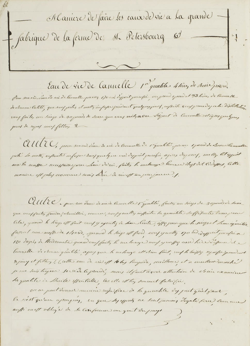 [VINS & LIQUEURS] -- PERTUY, Joseph Eusèbe. Manuscrit autographe (?) donnant de nombreuses recettes d'eaux-de-vie et de liqueurs. "Fait en 1817 à St Pétersbourg". Inscription manuscrite au verso du feuillet de garde "Joseph Eusèbe Pertuy marchand de la ville de ?".