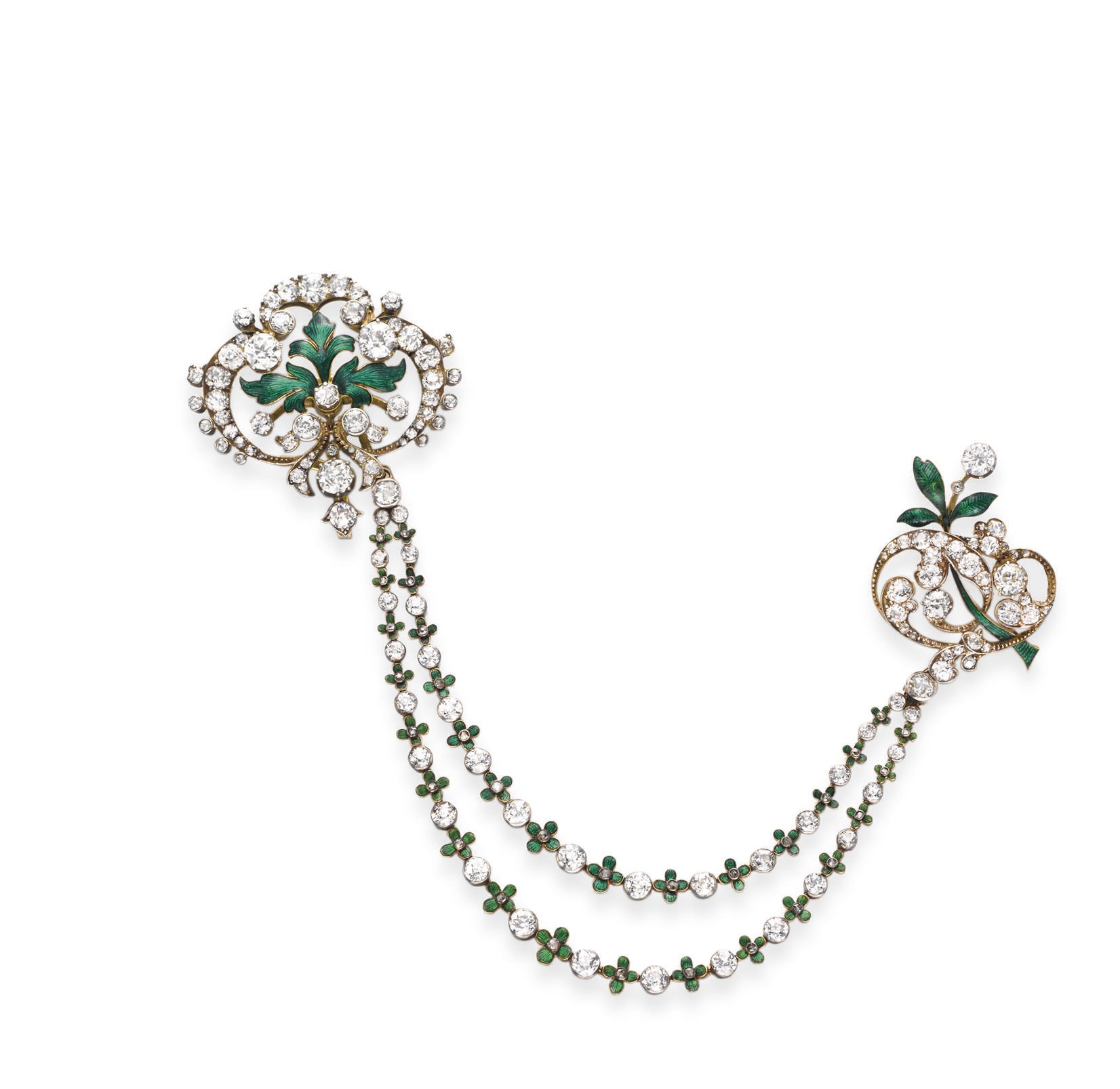 AN ANTIQUE DIAMOND AND ENAMEL CORSAGE BROOCH