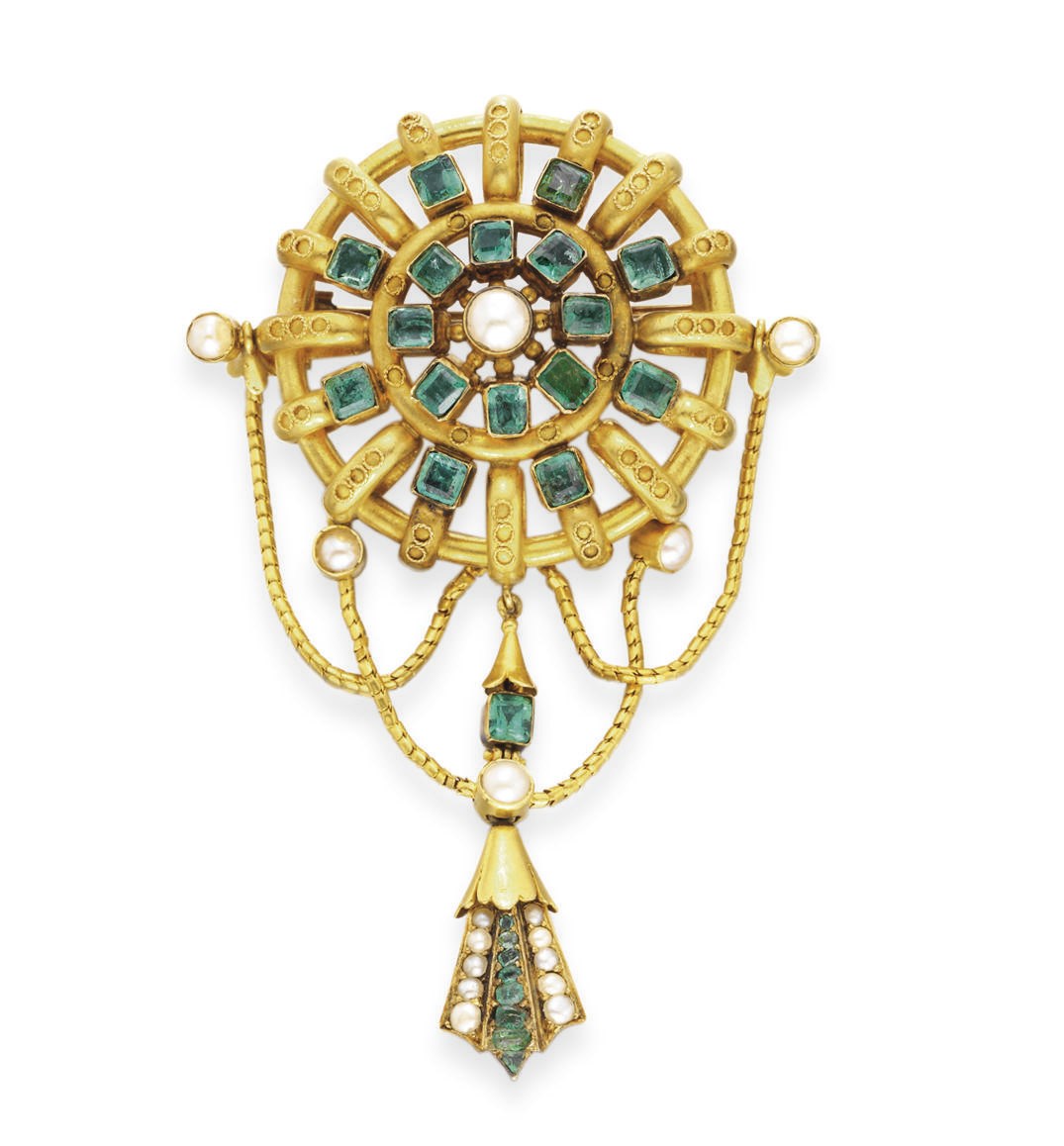 AN ANTIQUE EMERALD, PEARL AND GOLD BROOCH