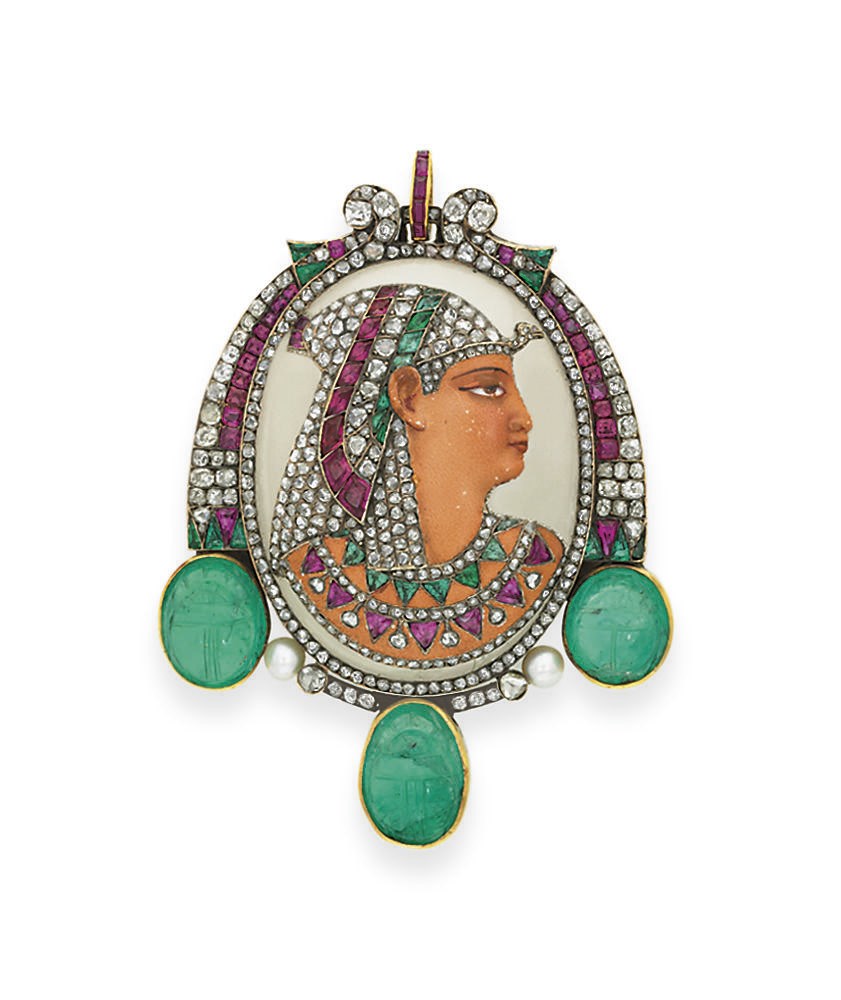 AN EGYPTIAN-REVIVAL MULTI-GEM 'PHARAOH' BROOCH, BY GUSTAVE BAUGRAND