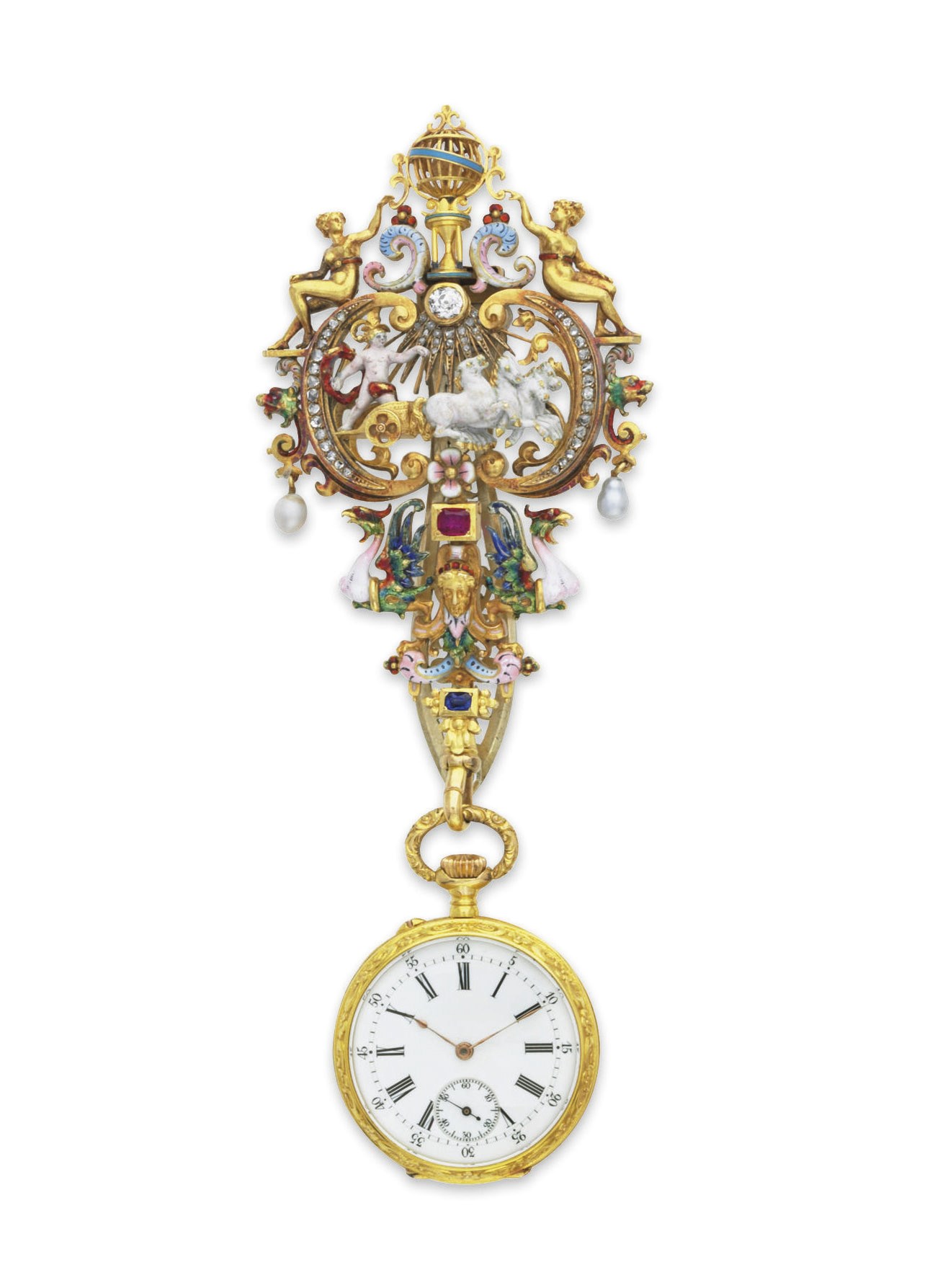 AN ANTIQUE MULTI-GEM AND ENAMEL PENDANT WATCH WITH CHATELAINE, BY BOUCHERON