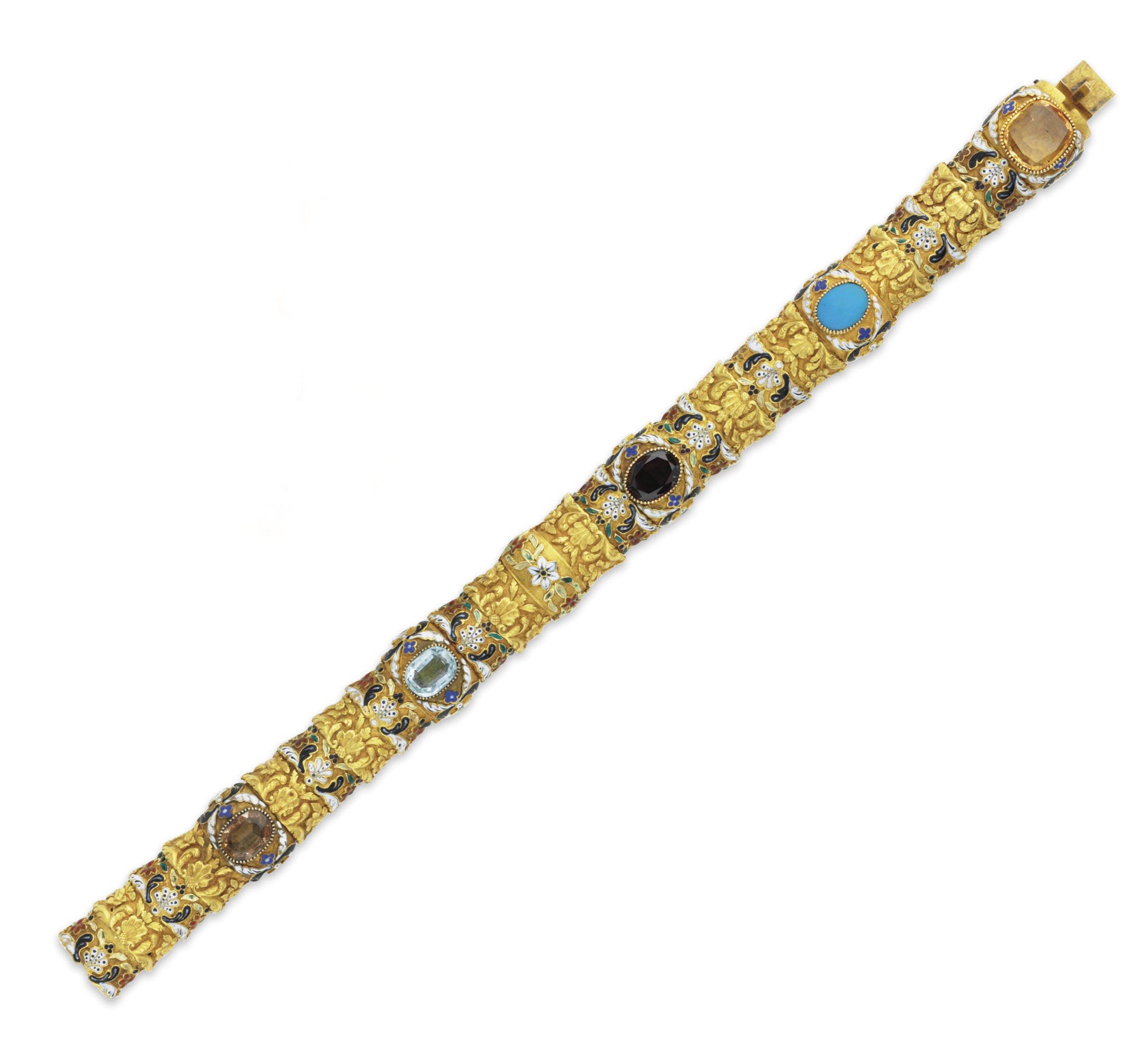 AN ANTIQUE MULTI-GEM AND ENAMEL BRACELET