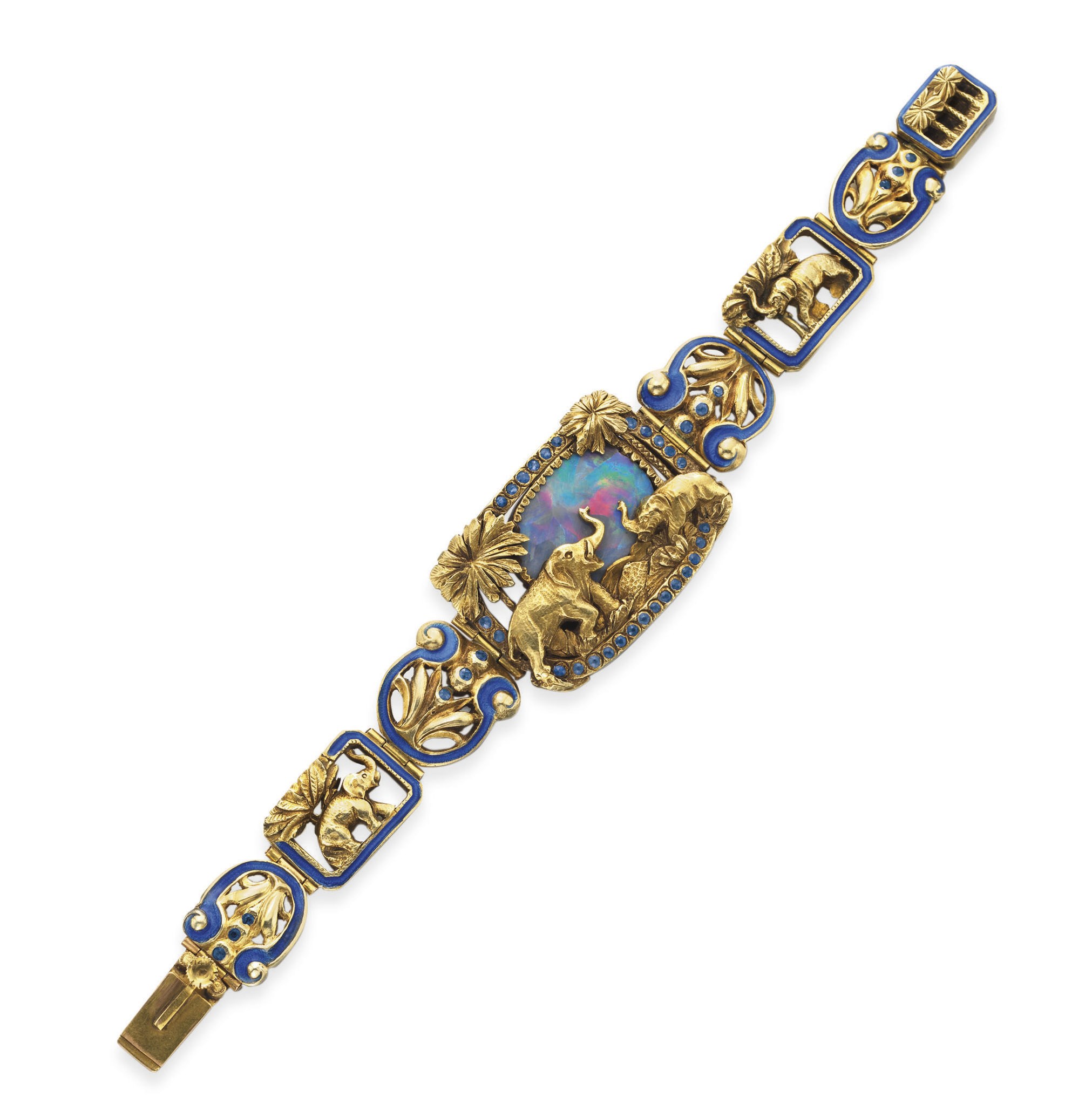 AN ANTIQUE OPAL, ENAMEL AND GOLD BRACELET