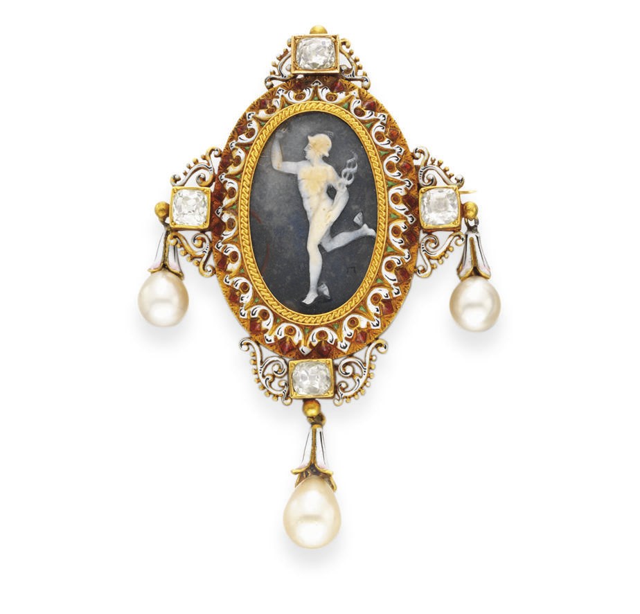 AN ANTIQUE ENAMEL, DIAMOND AND PEARL CAMEO BROOCH, BY FROMENT-MEURICE