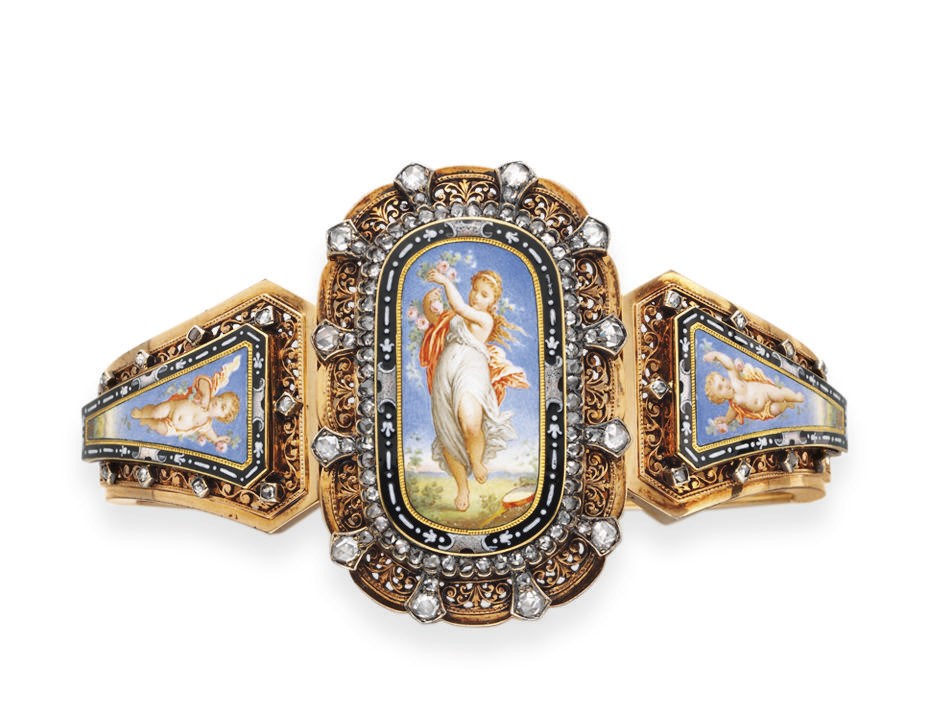 AN ANTIQUE ENAMEL, DIAMOND AND GOLD BRACELET