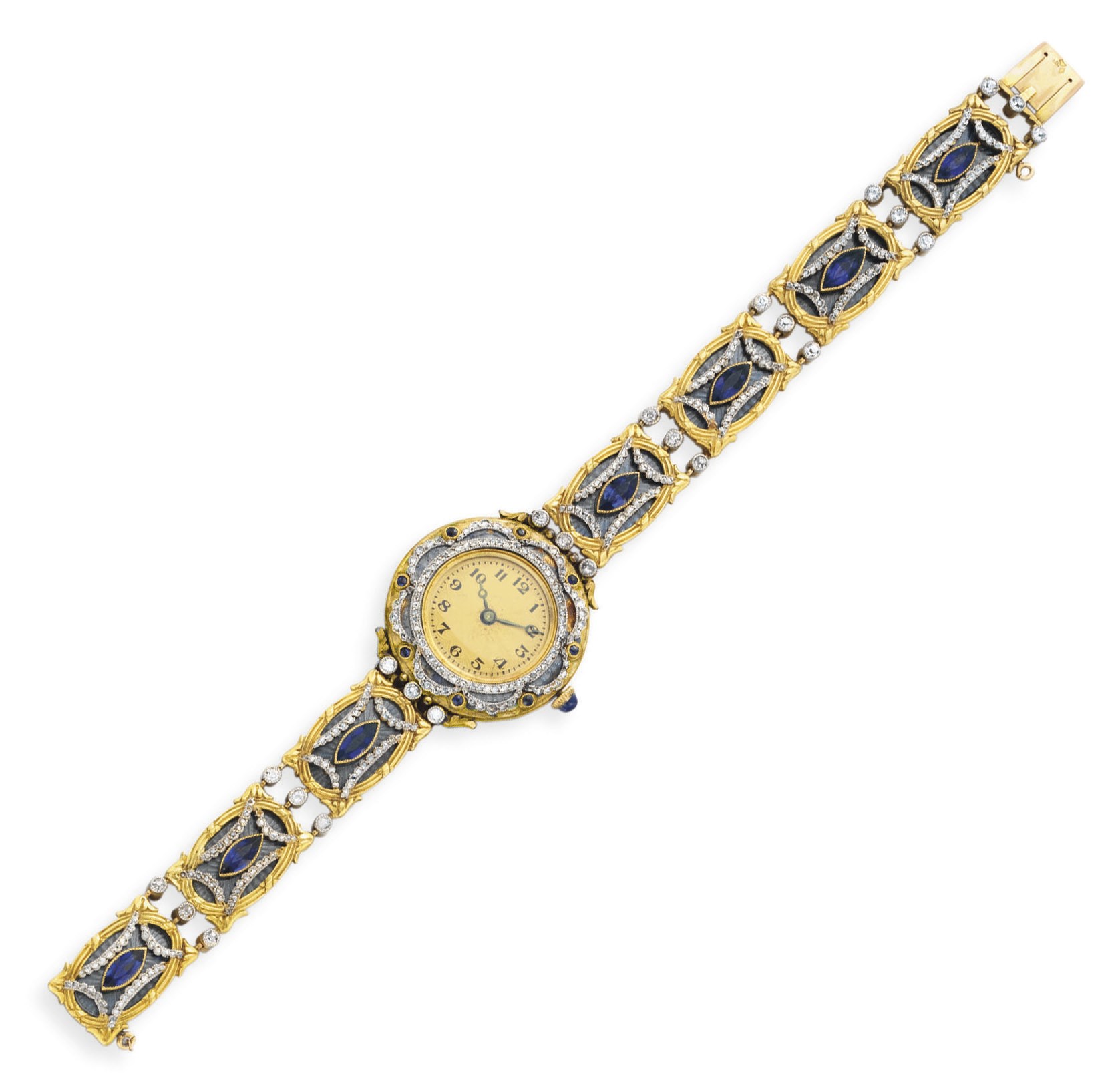 A BELLE EPOQUE SAPPHIRE, DIAMOND AND ENAMEL WRISTWATCH