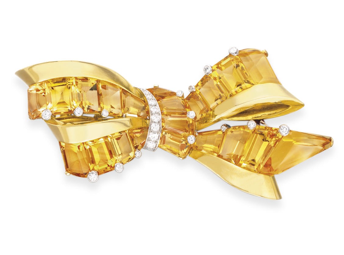 A RETRO CITRINE, DIAMOND AND GOLD BROOCH, BY OSCAR HEYMAN & BROTHERS FOR J.E. & CALDWELL
