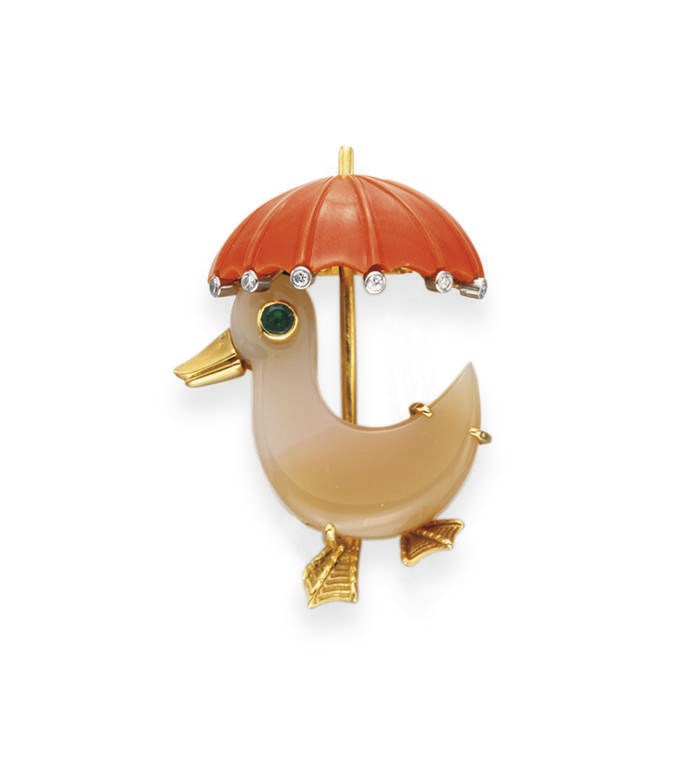 **A CORAL AND AGATE DUCK BROOCH, BY CARTIER