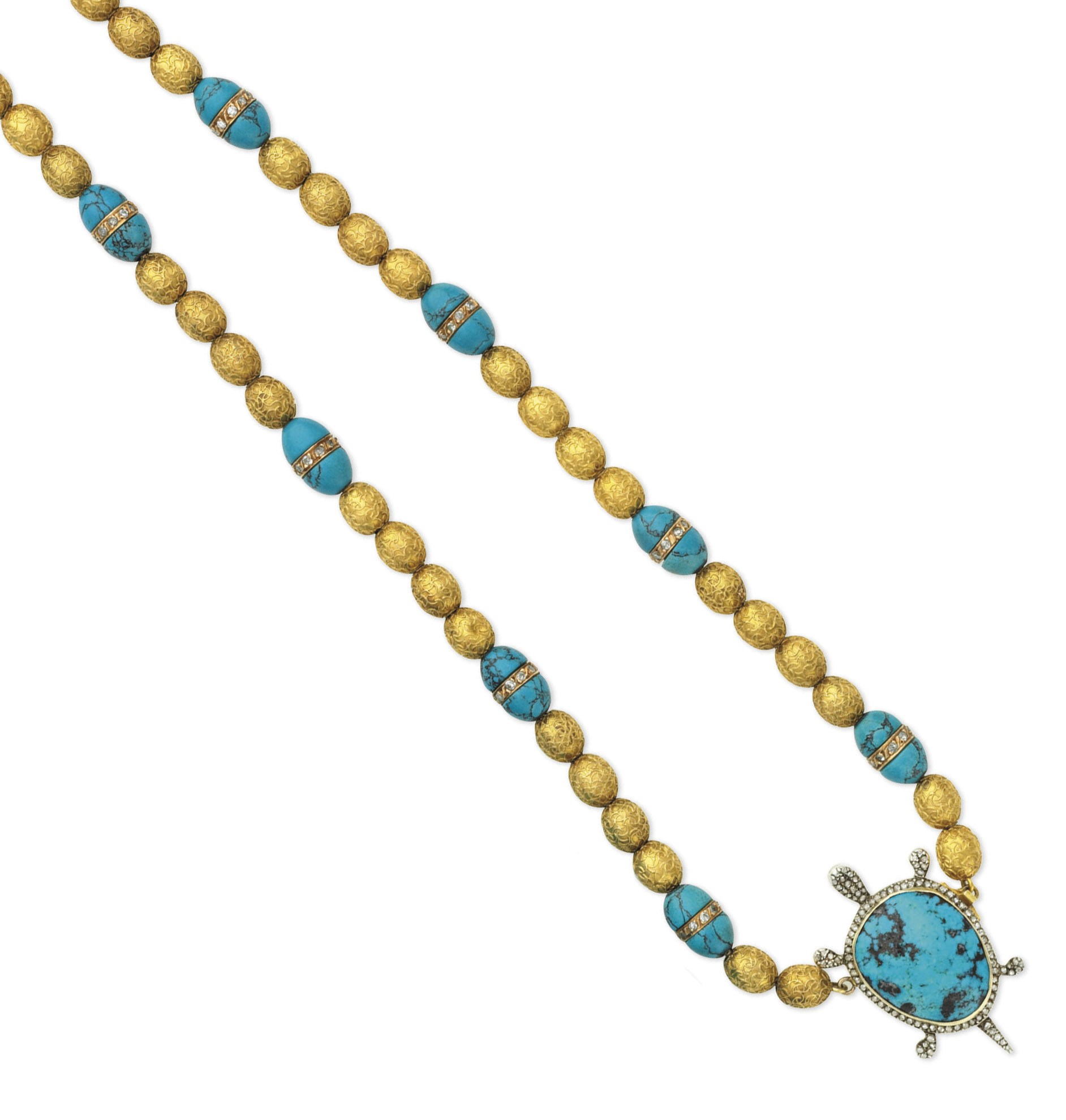 AN ANTIQUE TURQUOISE, DIAMOND AND GOLD PENDANT NECKLACE