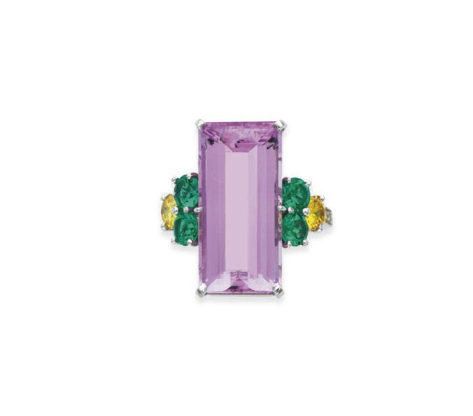 A PINK TOPAZ, EMERALD AND COLORED DIAMOND RING