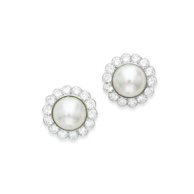 A PAIR OF CULTURED PEARL AND DIAMOND EAR STUDS