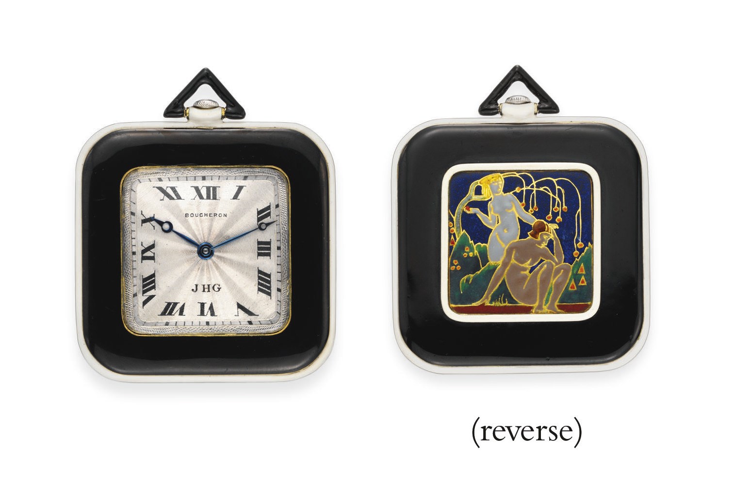 AN ART DECO ENAMEL "ADAM AND EVE" POCKETWATCH, BY BOUCHERON