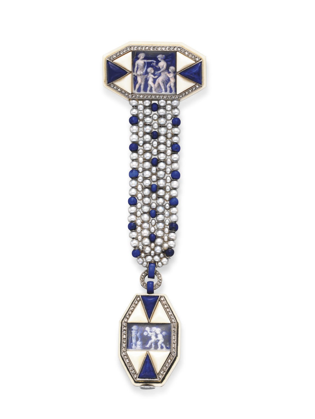 **AN ART DECO IVORY, LAPIS LAZULI, SEED PEARL AND DIAMOND LAPEL WATCH, BY BAFICO