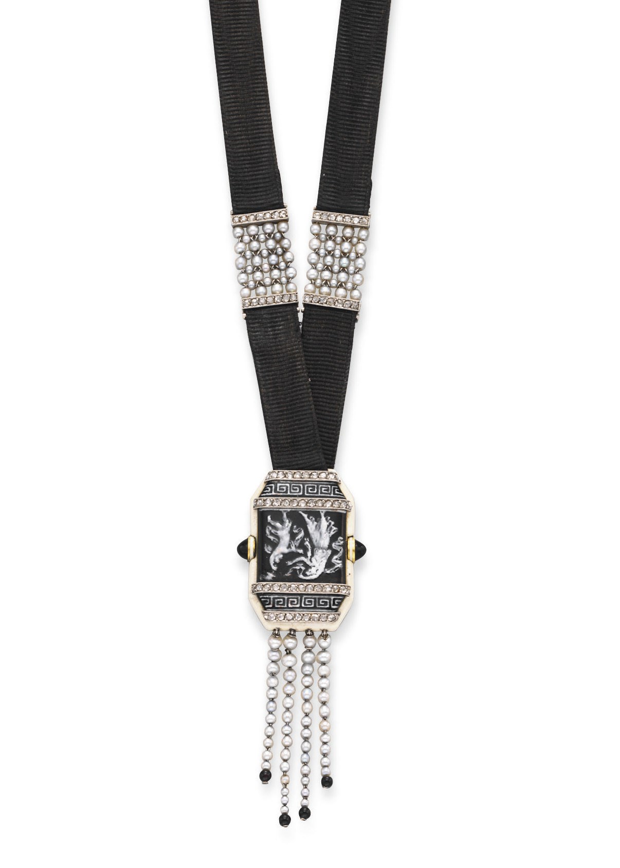 AN ART DECO ENAMEL, DIAMOND AND SEED PEARL PENDANT WATCH NECKLACE, BY SPAULDING & CO.