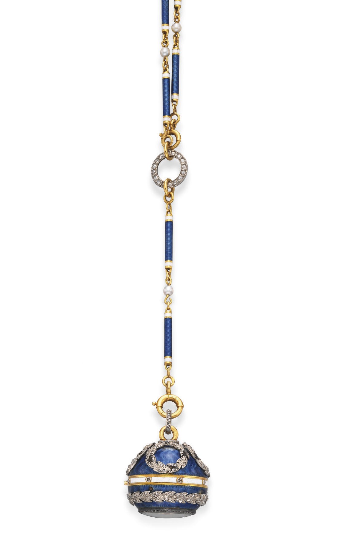 A BELLE EPOQUE ENAMEL AND DIAMOND PENDANT WATCH NECKLACE