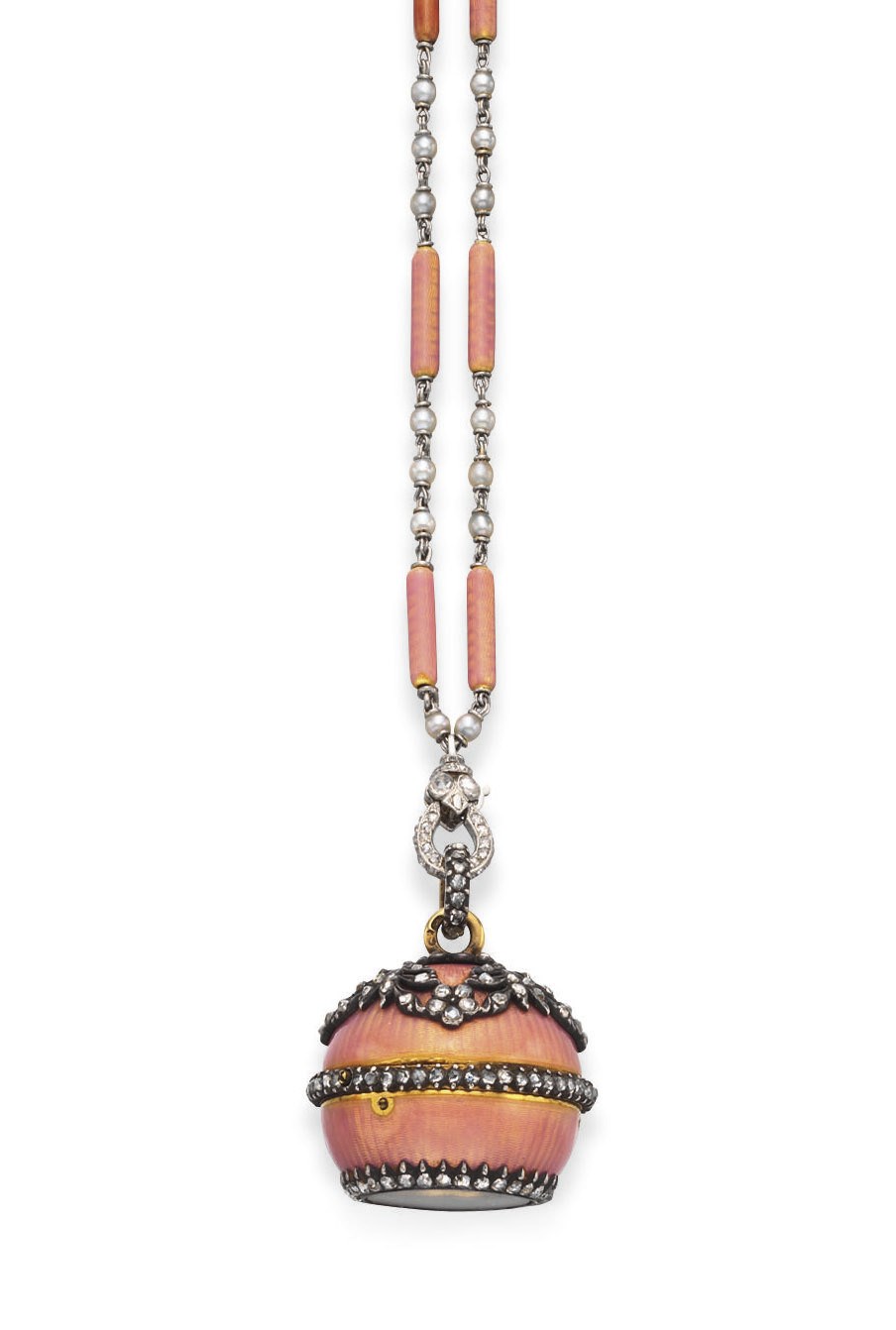 A BELLE EPOQUE ENAMEL, DIAMOND AND SEED PEARL PENDANT WATCH