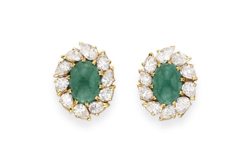 A PAIR OF EMERALD AND DIAMOND EAR CLIPS