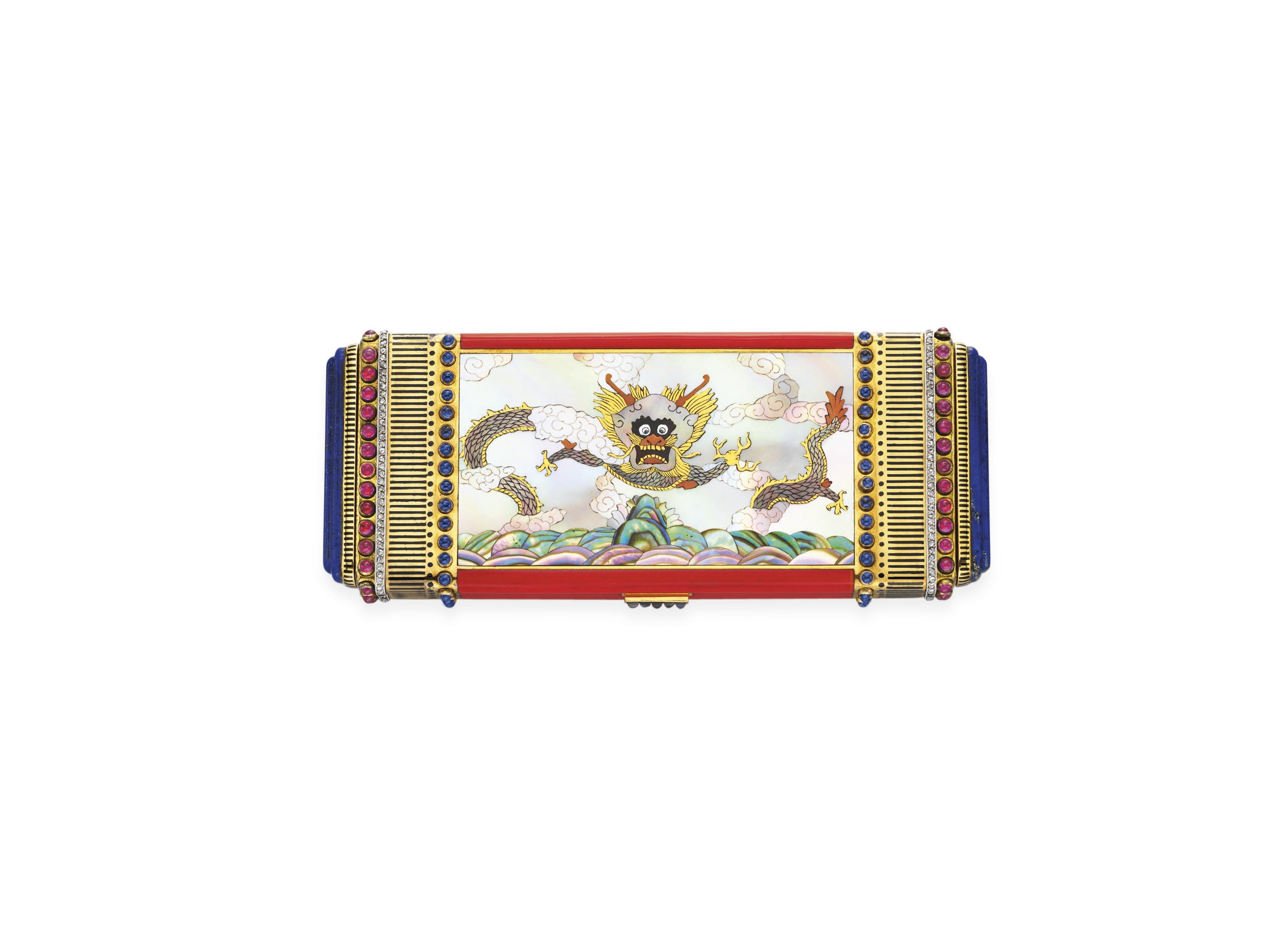 AN ART DECO MOTHER-OF-PEARL, ENAMEL AND MULTI-GEM VANITY CASE, BY LINZELER-MARCHAK