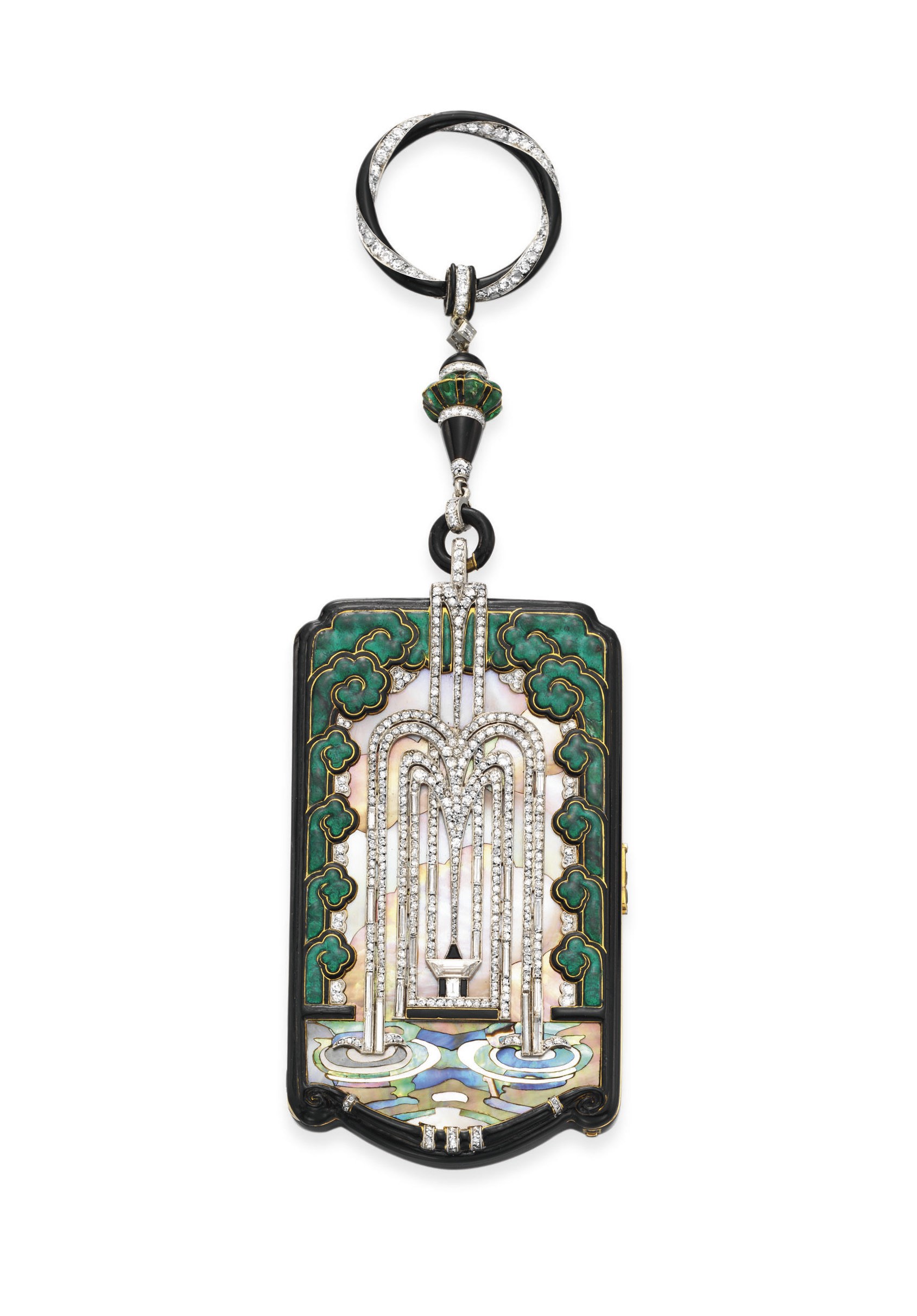 A SPECTACULAR ART DECO DIAMOND, MOTHER-OF-PEARL AND ENAMEL WATERFALL VANITY CASE, BY MAUBOUSSIN