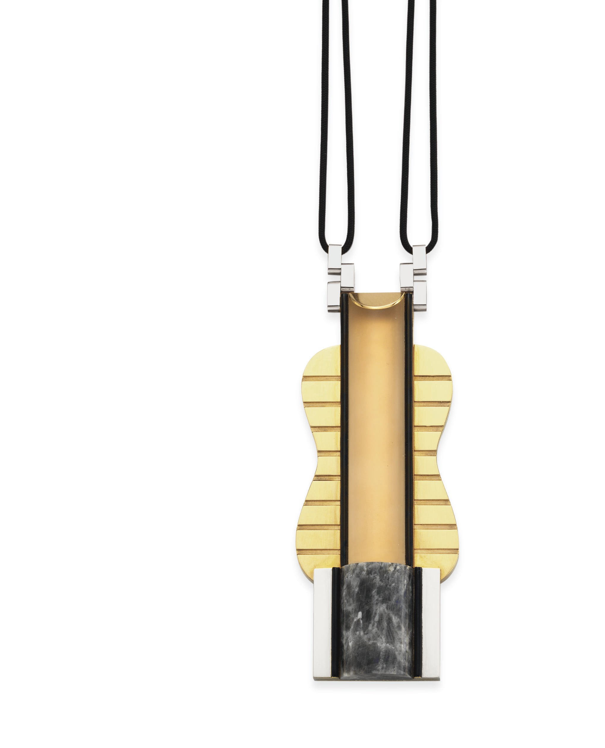 AN ART DECO ROCK CRYSTAL, LABRADORITE AND GOLD GUITAR PENDANT NECKLACE, BY GERARD SANDOZ