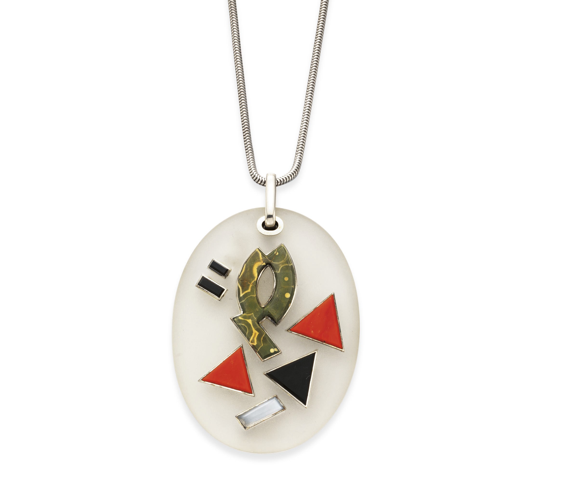 **AN ART DECO ROCK CRYSTAL AND MULTI-GEM "COLLAGE" PENDANT NECKLACE, BY JEAN FOUQUET