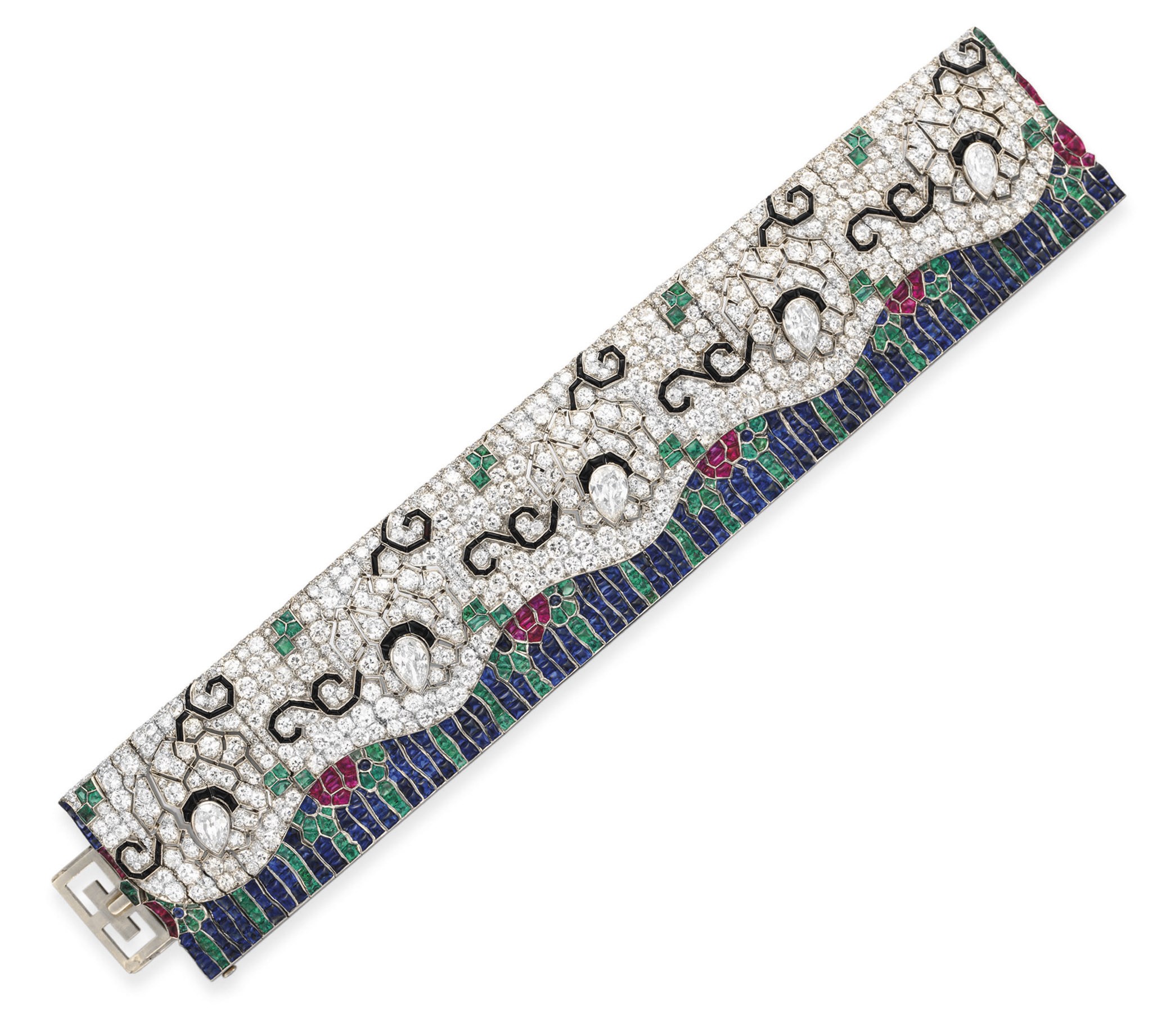 A SENSATIONAL ART DECO DIAMOND AND MULTI-GEM "WAVE" BRACELET, BY RUBEL FRERES