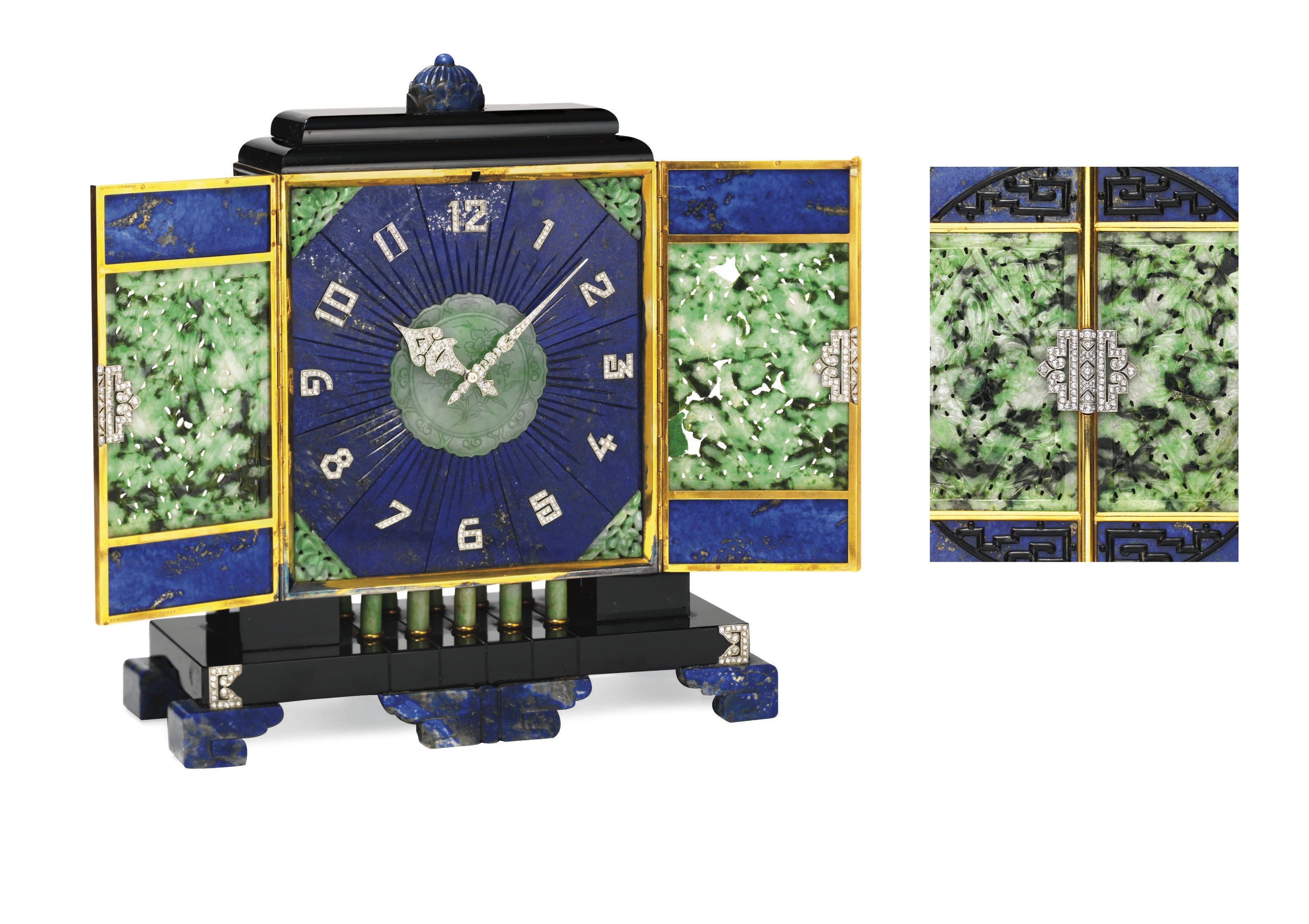 AN ART DECO LAPIS LAZULI, JADE AND DIAMOND DESK CLOCK, BY BLACK, STARR & FROST