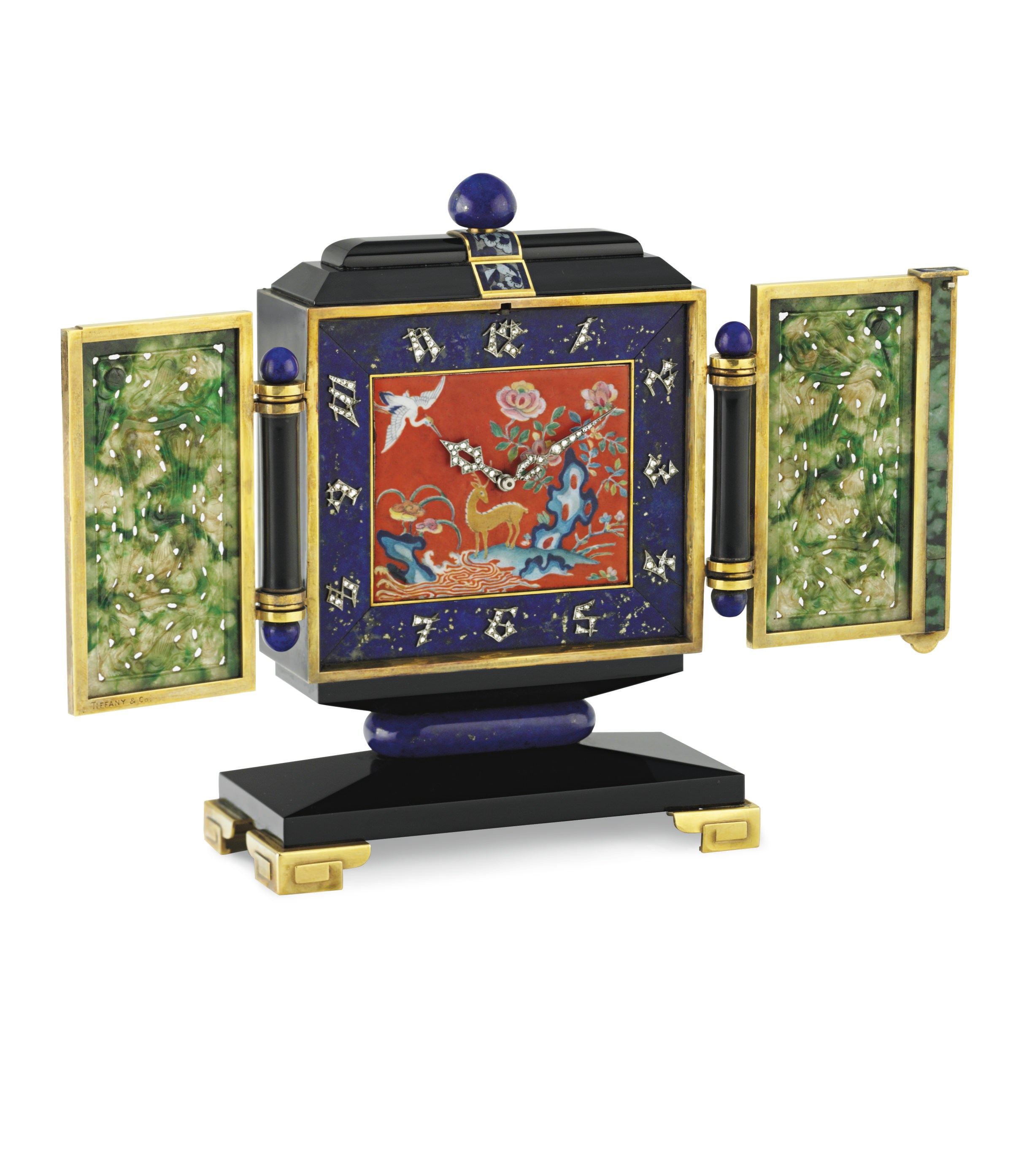 AN ART DECO MULTI-GEM CHINOISERIE DESK CLOCK, BY TIFFANY & CO.